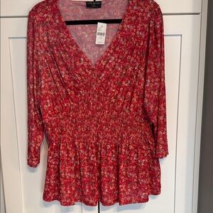 Lane Bryant Red Floral V-Neck Smocked Peplum Tunic